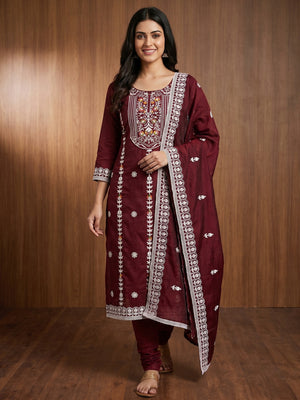 Maroon Floral Embroidered Chanderi Cotton Dress Material - Image 1