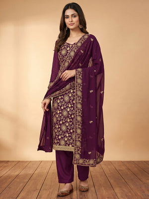 Purple Floral Embroidered Georgette Dress Material - Image 1