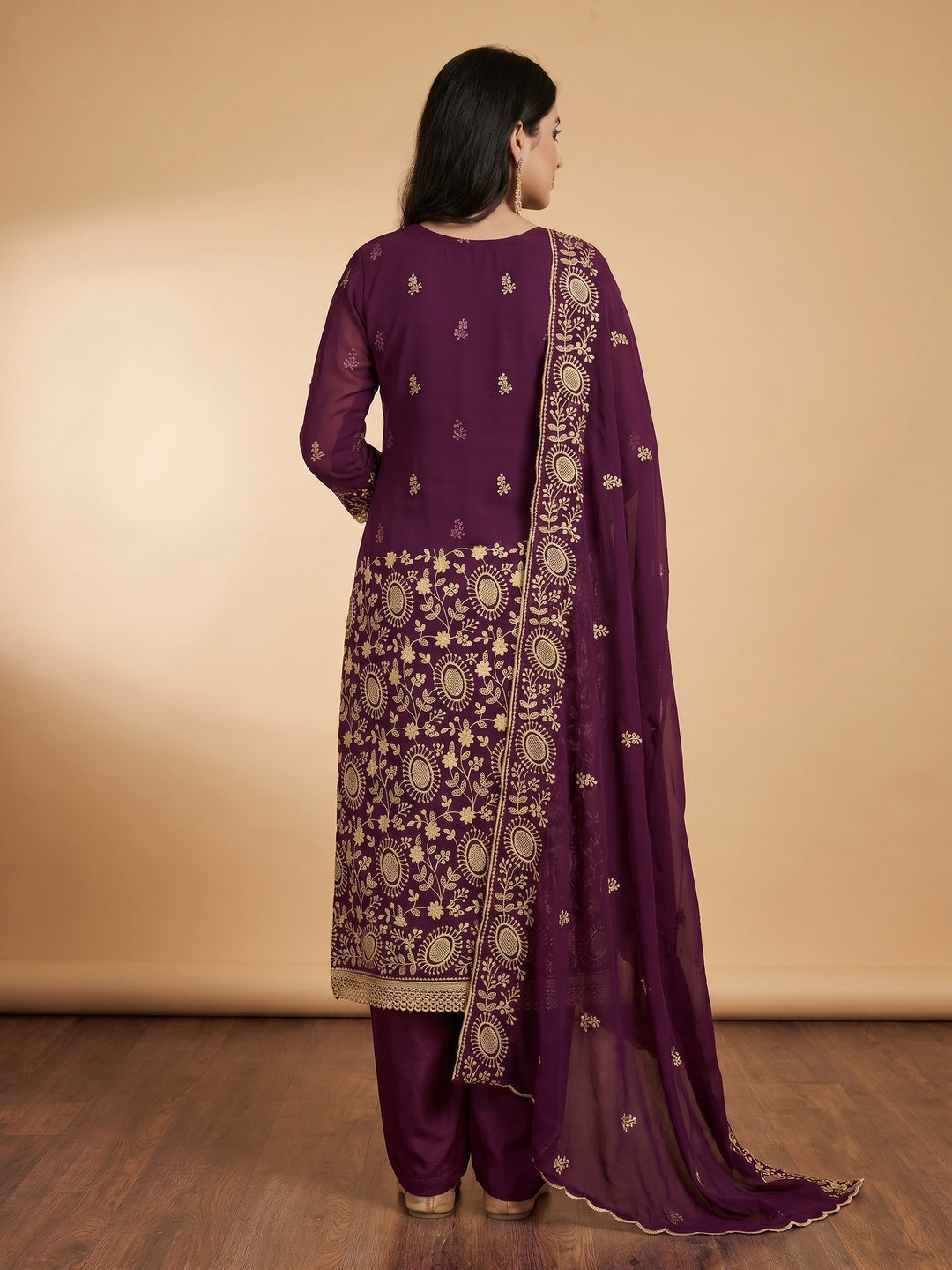 Purple Floral Embroidered Georgette Dress Material - Image 2
