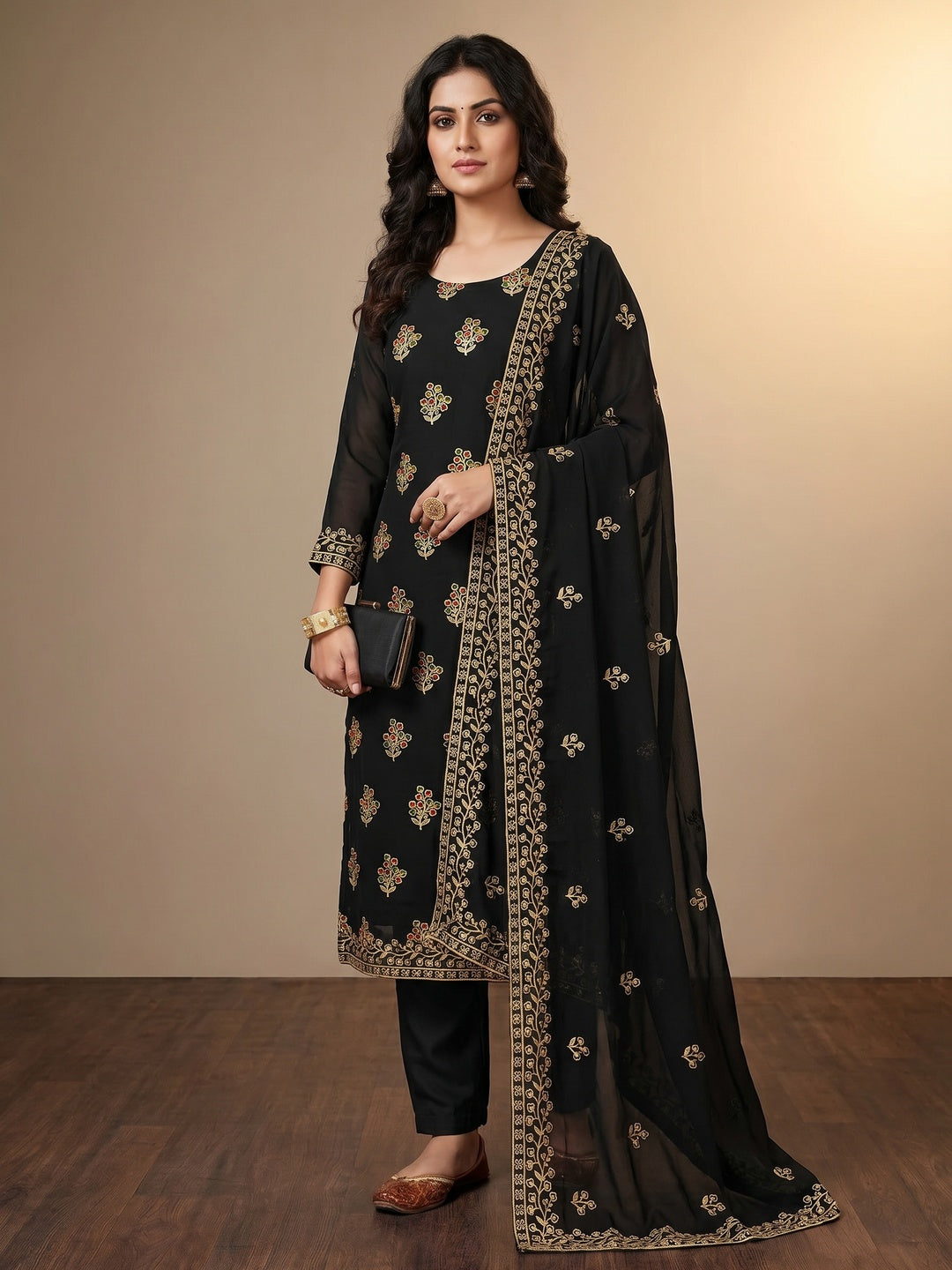 Black Floral Embroidered Georgette Dress Material - Image 1