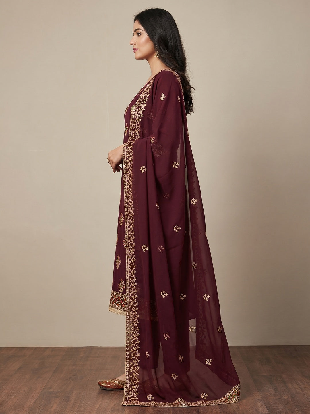 Maroon Floral Embroidered Georgette Dress Material - Image 3