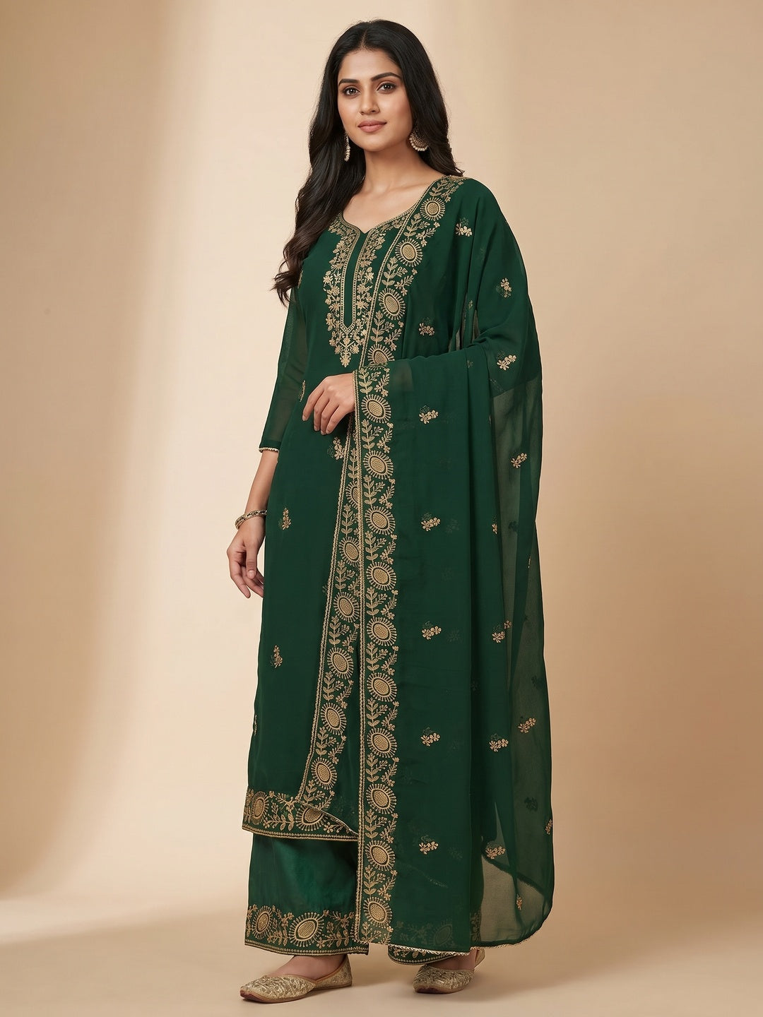 Green Floral Embroidered Georgette Dress Material - Image 1