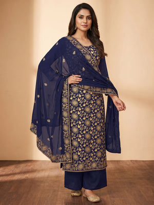 Navy Blue Floral Embroidered Georgette Dress Material - Image 1