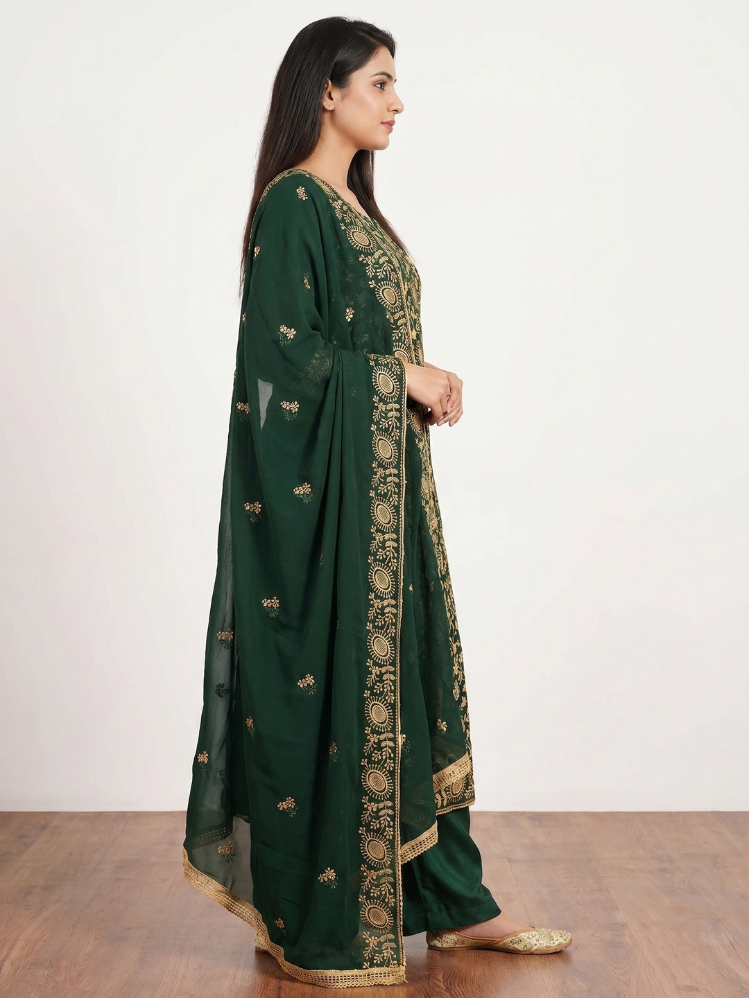 Green Floral Embroidered Georgette Dress Material - Image 3