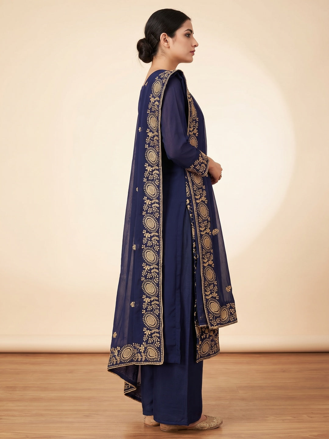 Navy Blue Floral Embroidered Georgette Dress Material - Image 2