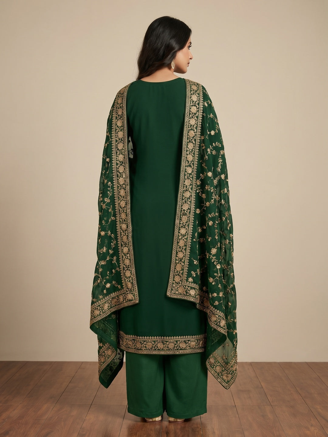 Green Floral Embroidered Georgette Dress Material - Image 2