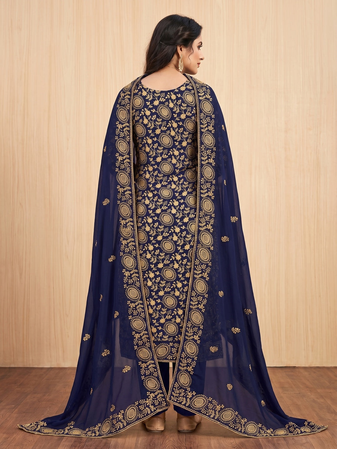 Navy Blue Floral Embroidered Georgette Dress Material - Image 3