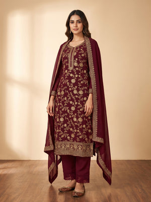 Maroon Floral Embroidered Georgette Dress Material - Image 1