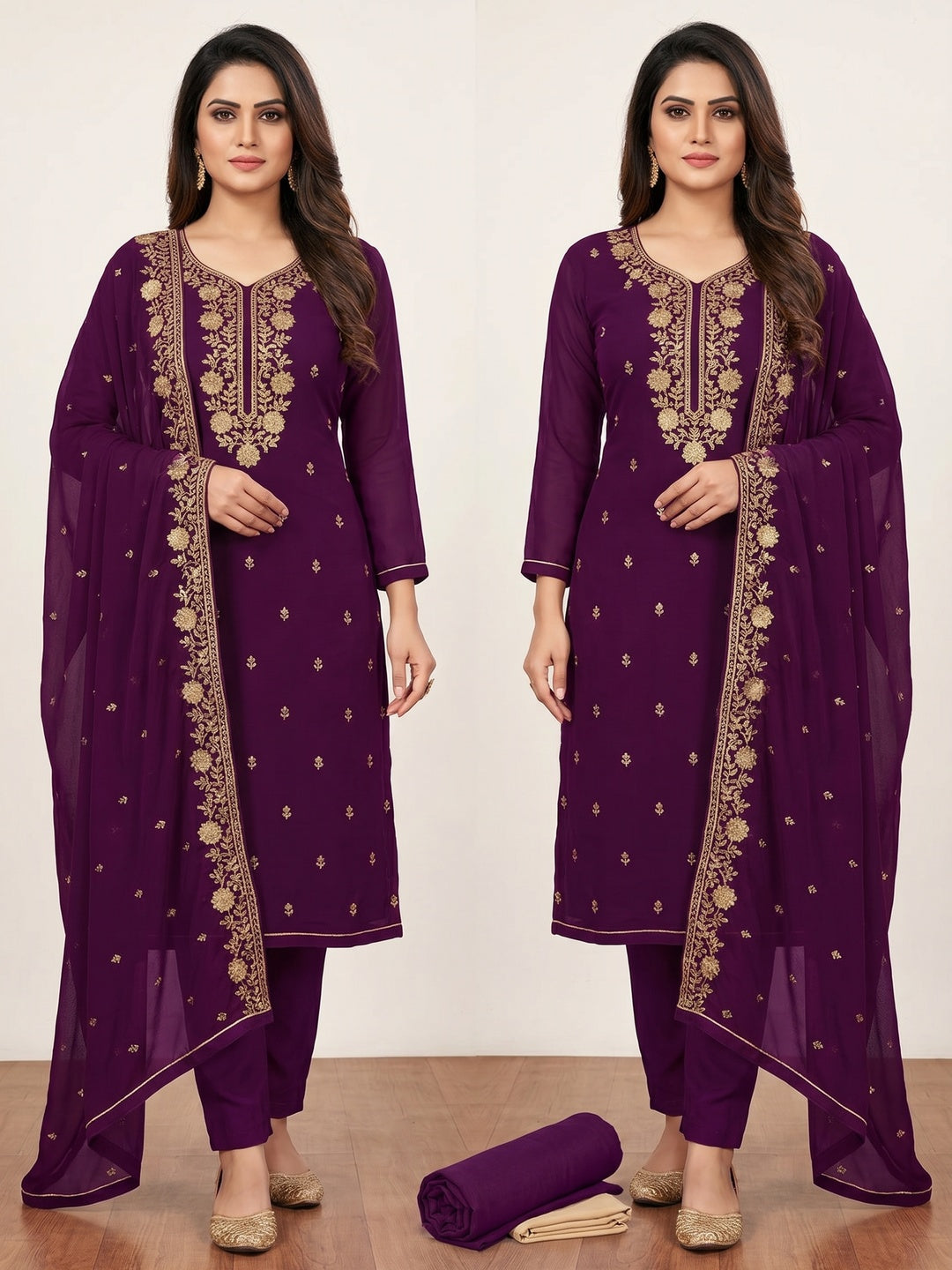 Purple Floral Embroidered Georgette Dress Material - Image 1