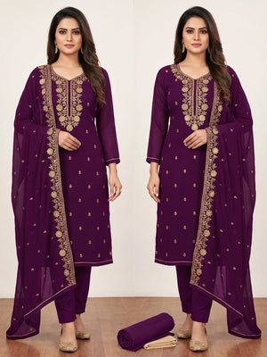 Purple Floral Embroidered Georgette Dress Material - Image 1