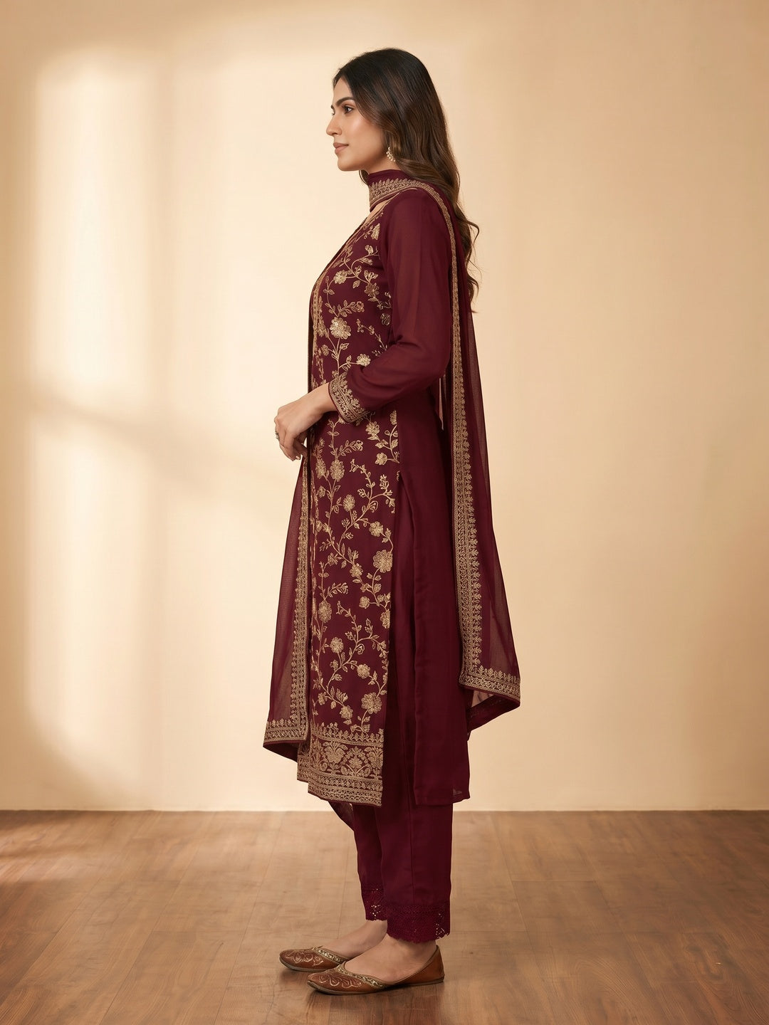 Maroon Floral Embroidered Georgette Dress Material - Image 2