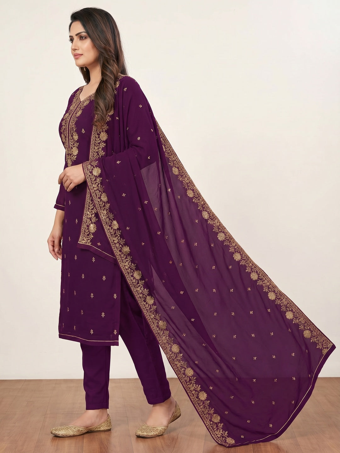 Purple Floral Embroidered Georgette Dress Material - Image 2