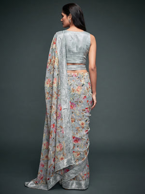 Grey Floral Printed Georgette Saree - Image 1