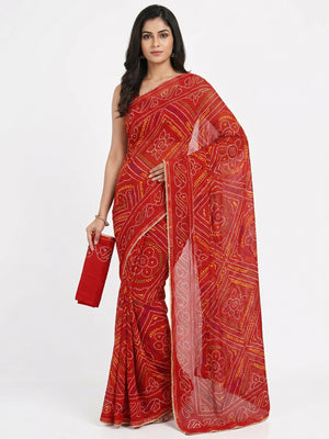 Red Bandhani Printed Georgette Saree - Image 1
