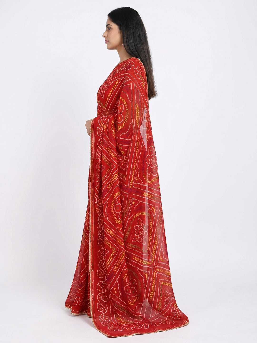 Red Bandhani Printed Georgette Saree - Image 3