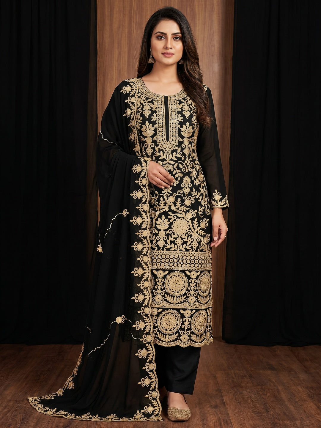Black Floral Embroidered Georgette Dress Material - Image 1