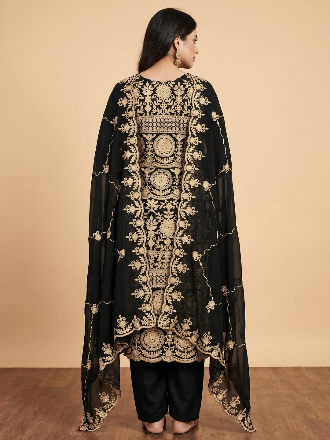 Black Floral Embroidered Georgette Dress Material - Image 3