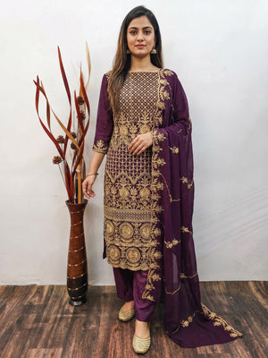 Wine Floral Embroidered Georgette Dress Material - Image 1