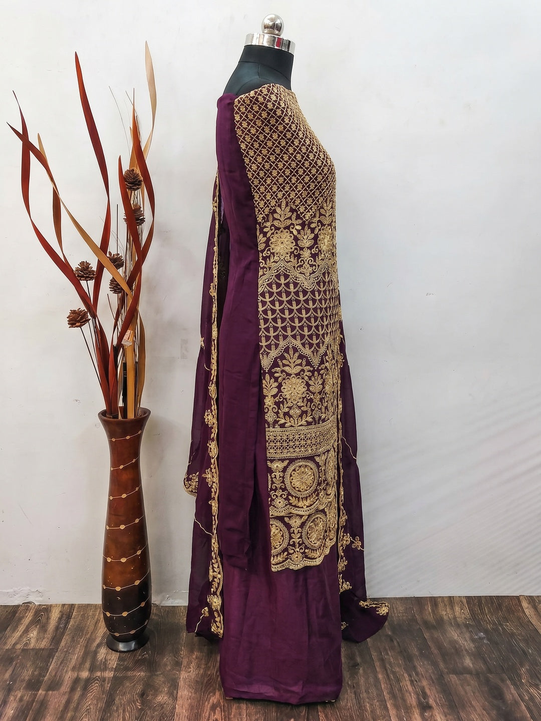 Wine Floral Embroidered Georgette Dress Material - Image 3