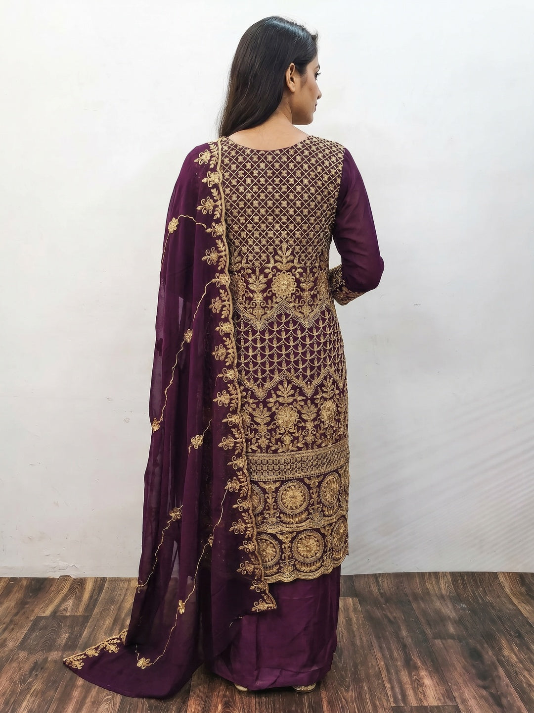 Wine Floral Embroidered Georgette Dress Material - Image 2