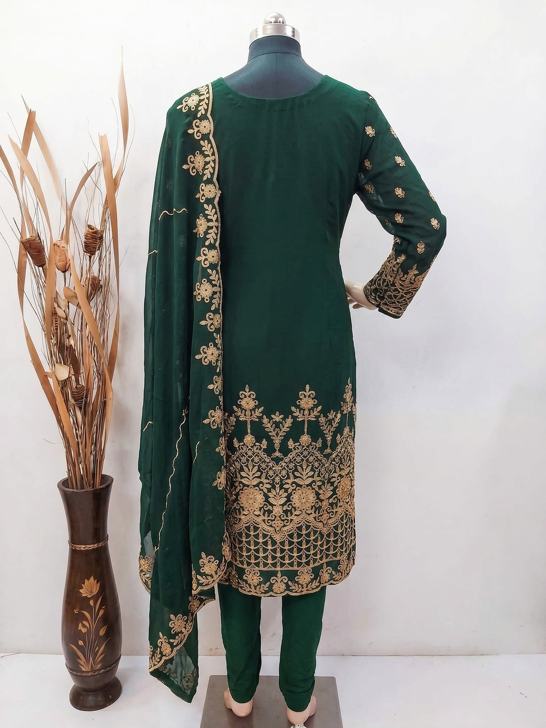 Green Floral Embroidered Georgette Dress Material - Image 2
