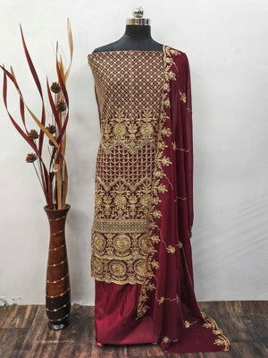 Maroon Floral Embroidered Georgette Dress Material - Image 1