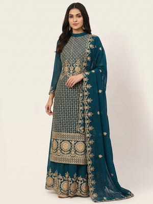 Teal Floral Embroidered Georgette Dress Material - Image 1