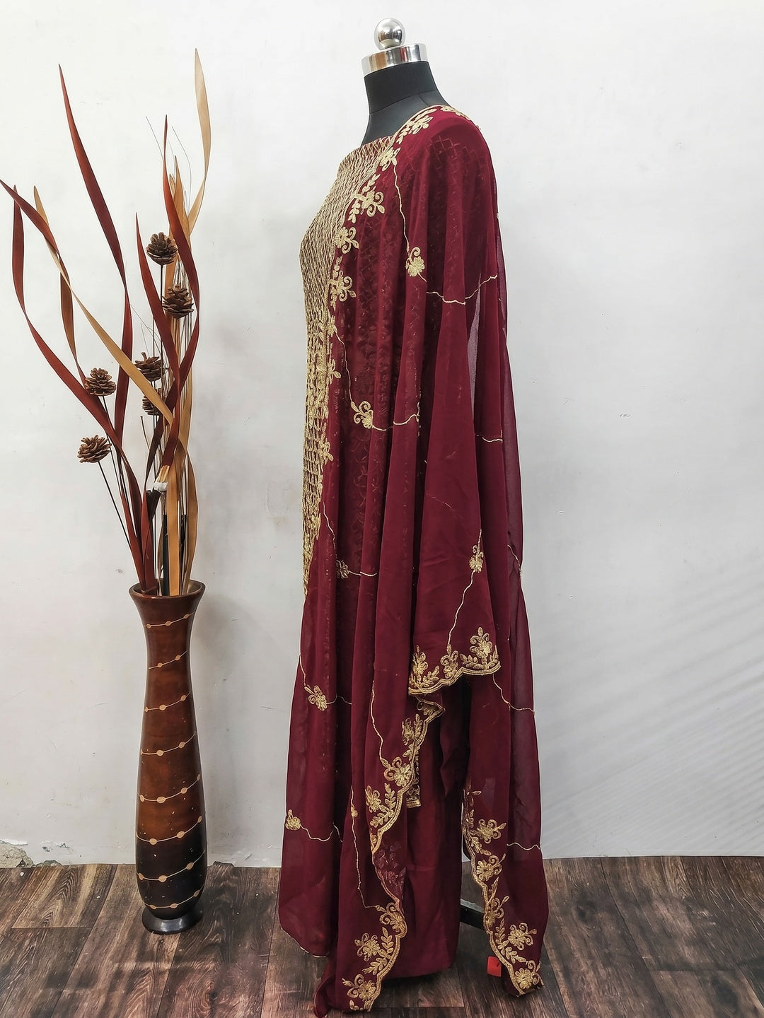 Maroon Floral Embroidered Georgette Dress Material - Image 2