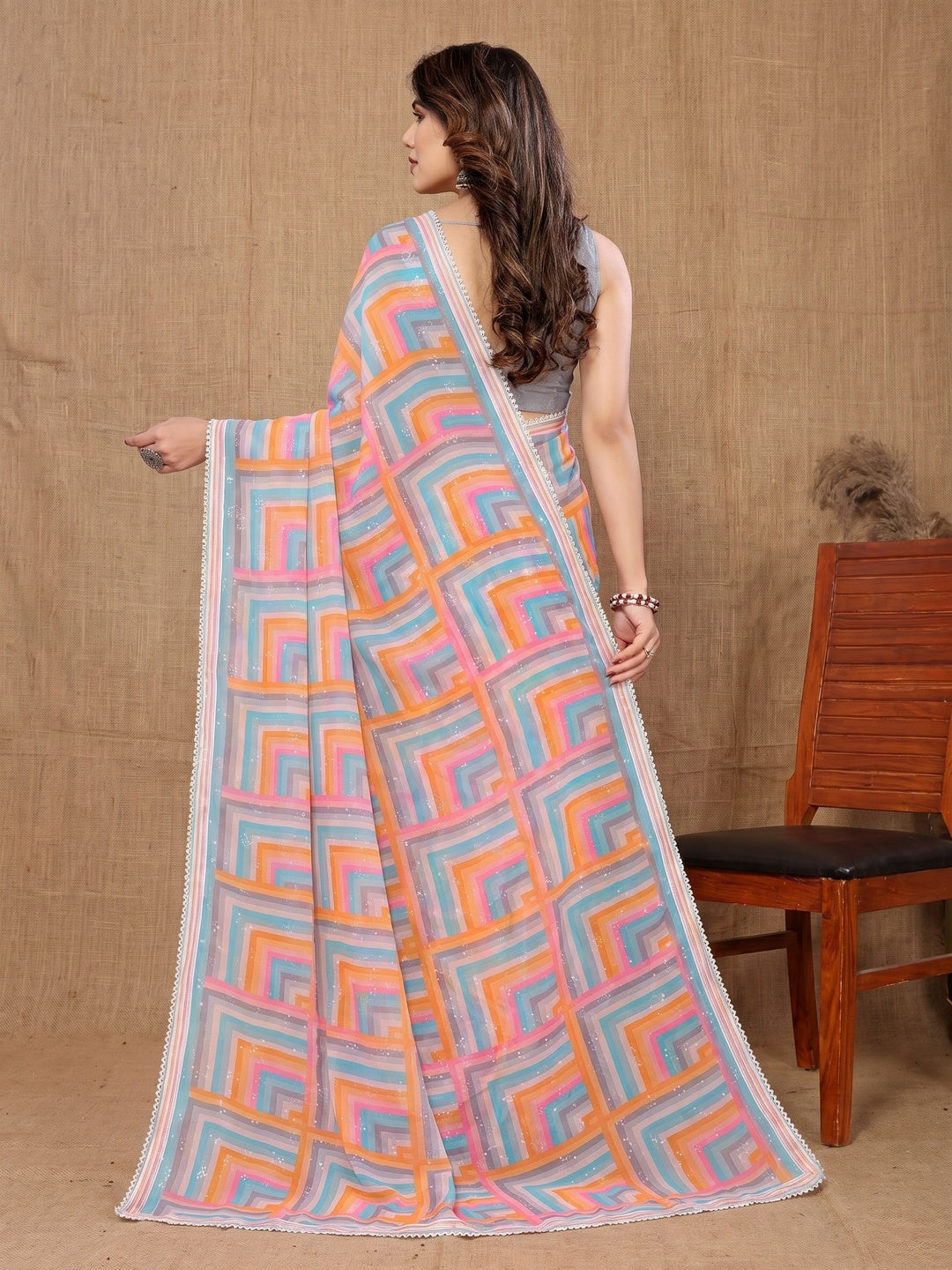 Blue Geometric Printed Ready To Wear Georgette Saree - Image 1