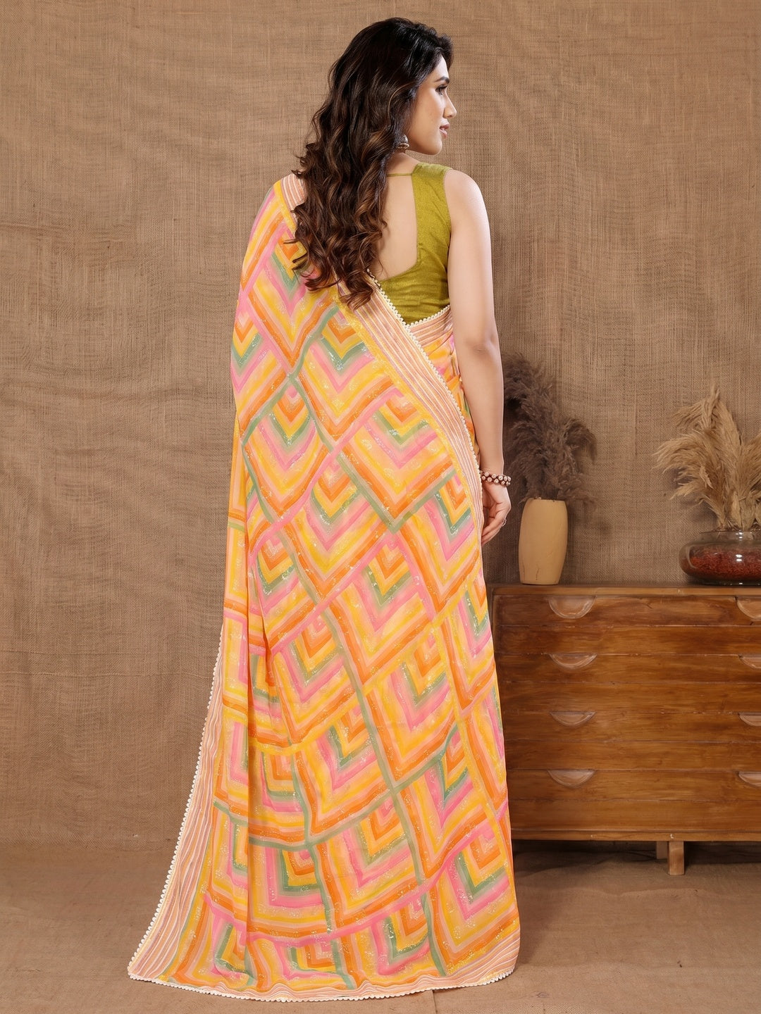 Yellow Geometric Printed Ready To Wear Georgette Saree - Image 1