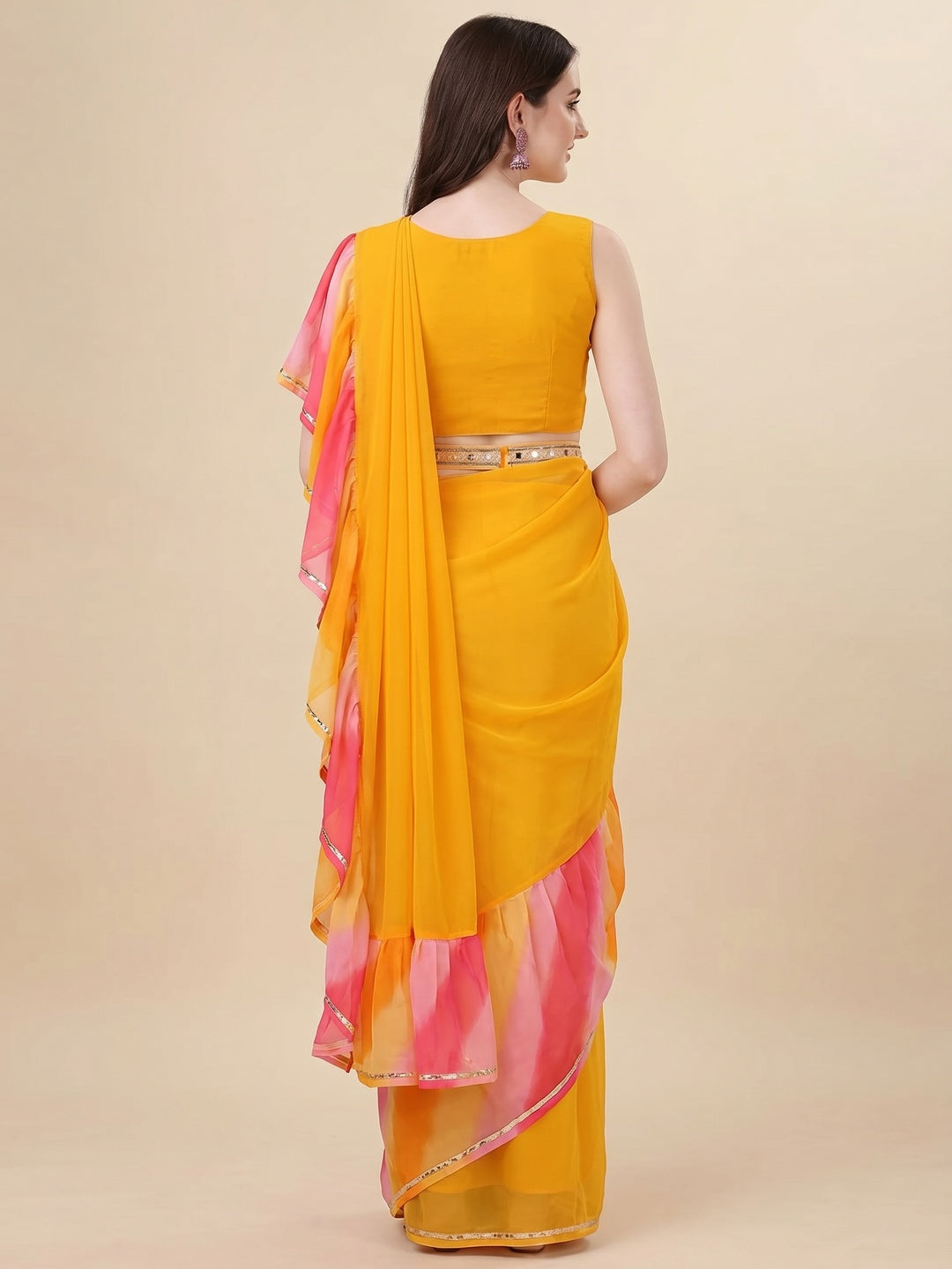 Yellow Printed Georgette Ruffle Saree - Image 1