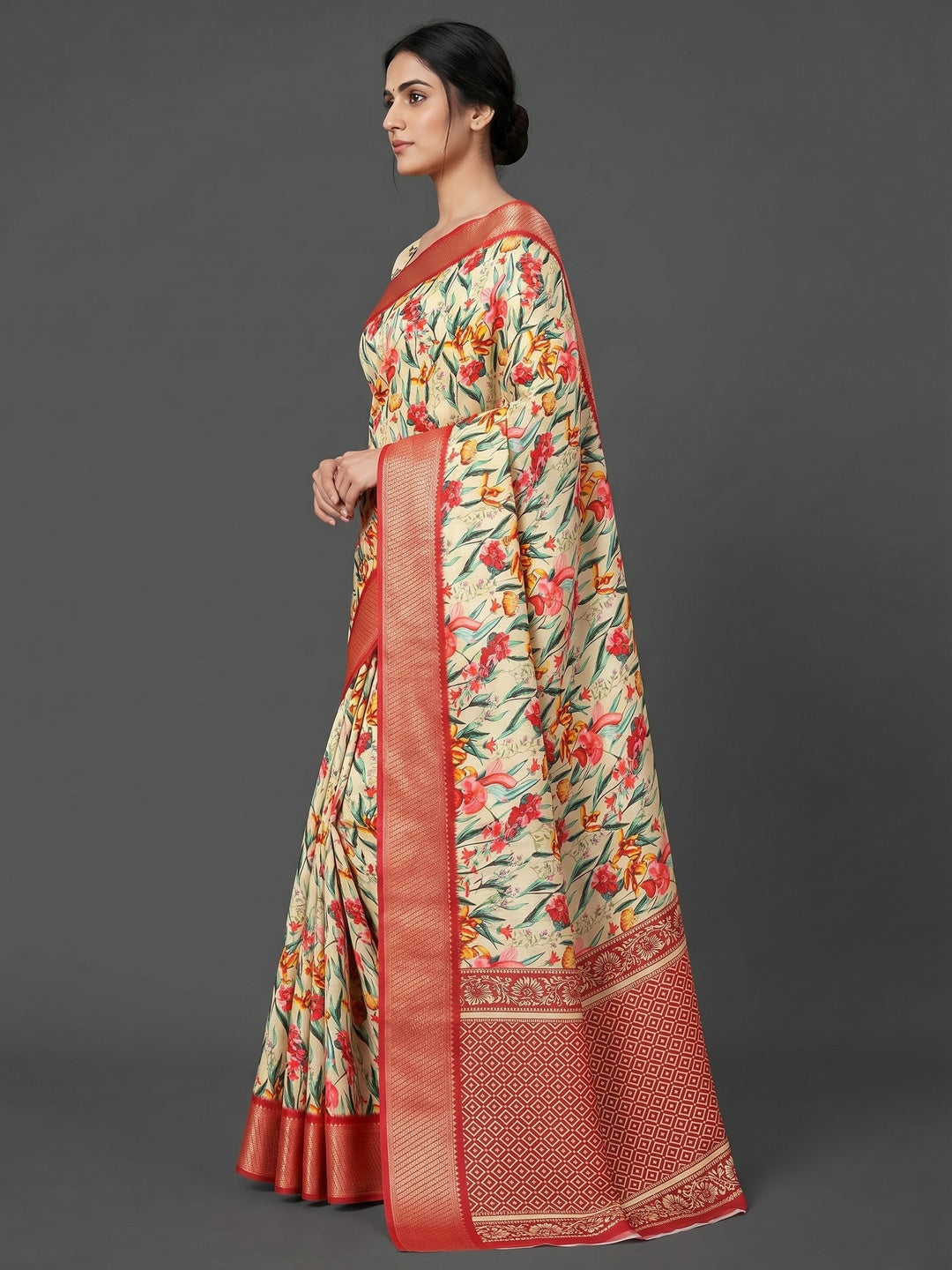 Cream Floral Digital Printed With Woven Border Dola Silk Saree - Image 2