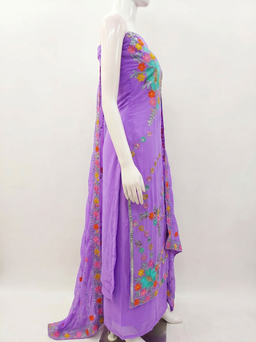 Lavender Floral Sequins Embroidered Georgette Dress Material - Image 3