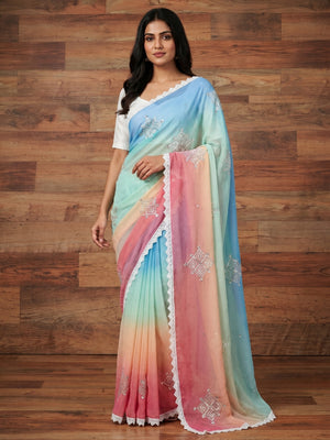 Multicolor Sequins Embroidered Georgette Saree - Image 1