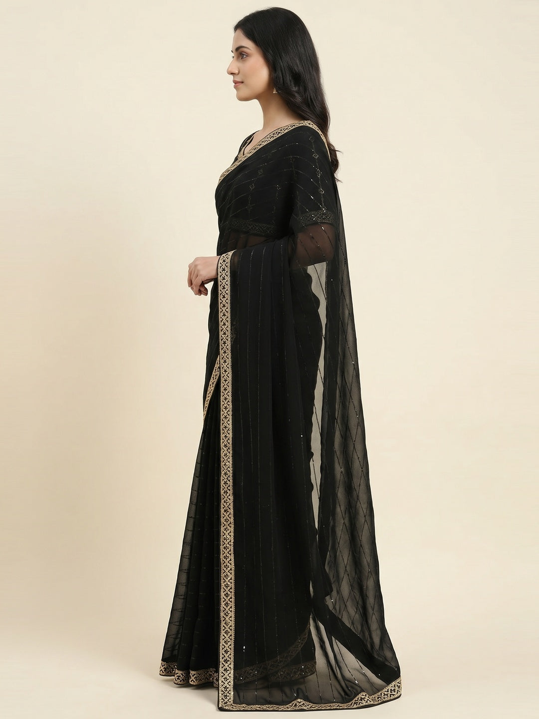 Black Embroidered Georgette Saree - Image 3
