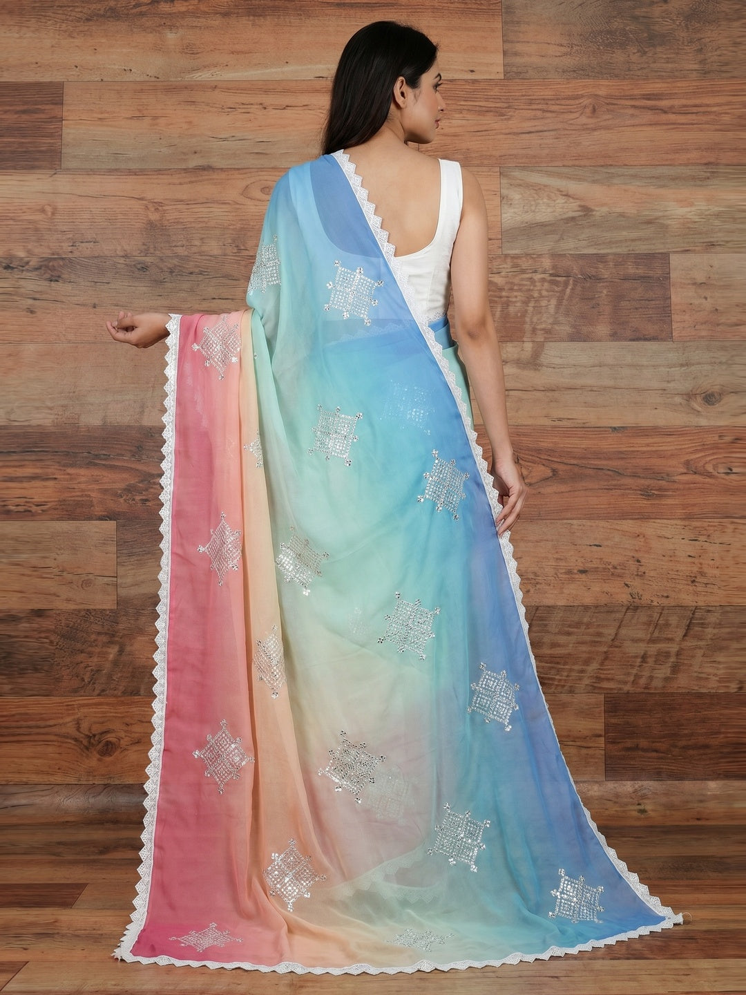 Multicolor Sequins Embroidered Georgette Saree - Image 2