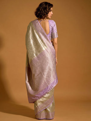 Lavender Floral Woven Kanjivaram Silk Saree - Image 1