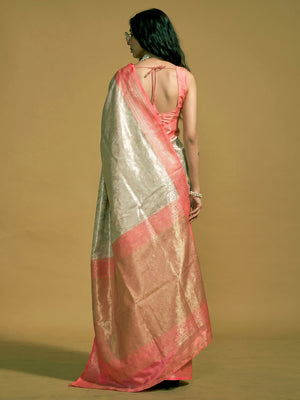 Peach Floral Woven Kanjivaram Silk Saree - Image 1