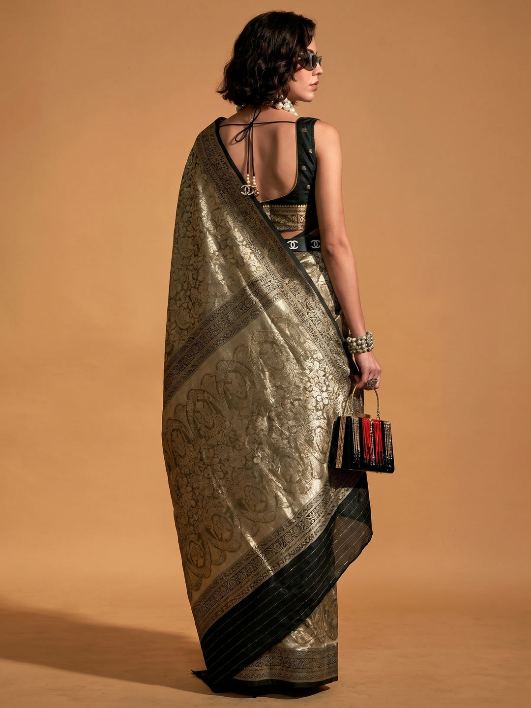 Black Floral Woven Kanjivaram Silk Saree - Image 1