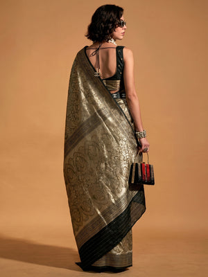 Black Floral Woven Kanjivaram Silk Saree - Image 1
