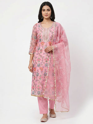 Pink Floral Printed Organza Dress Material - Image 1