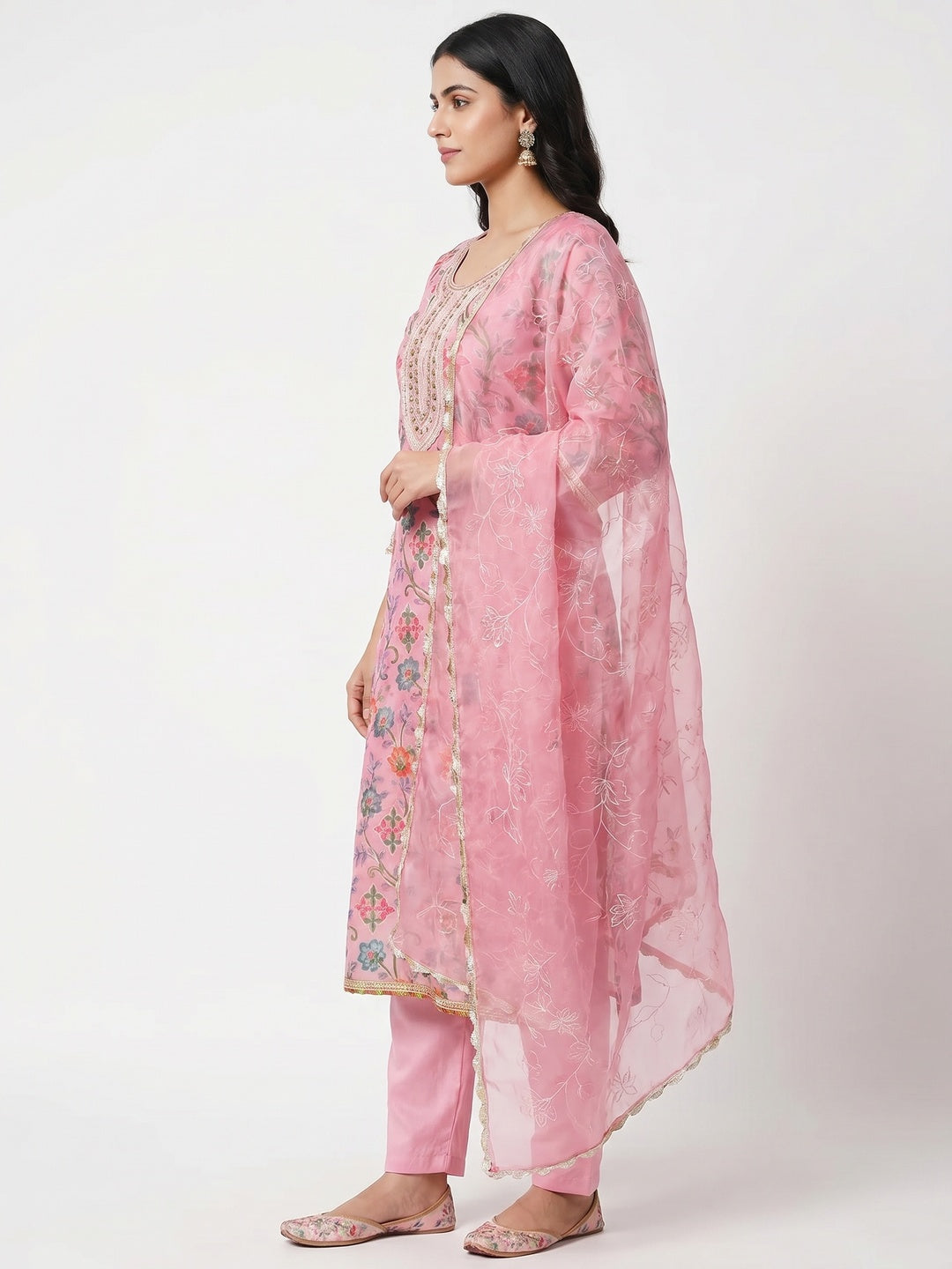 Pink Floral Printed Organza Dress Material - Image 2