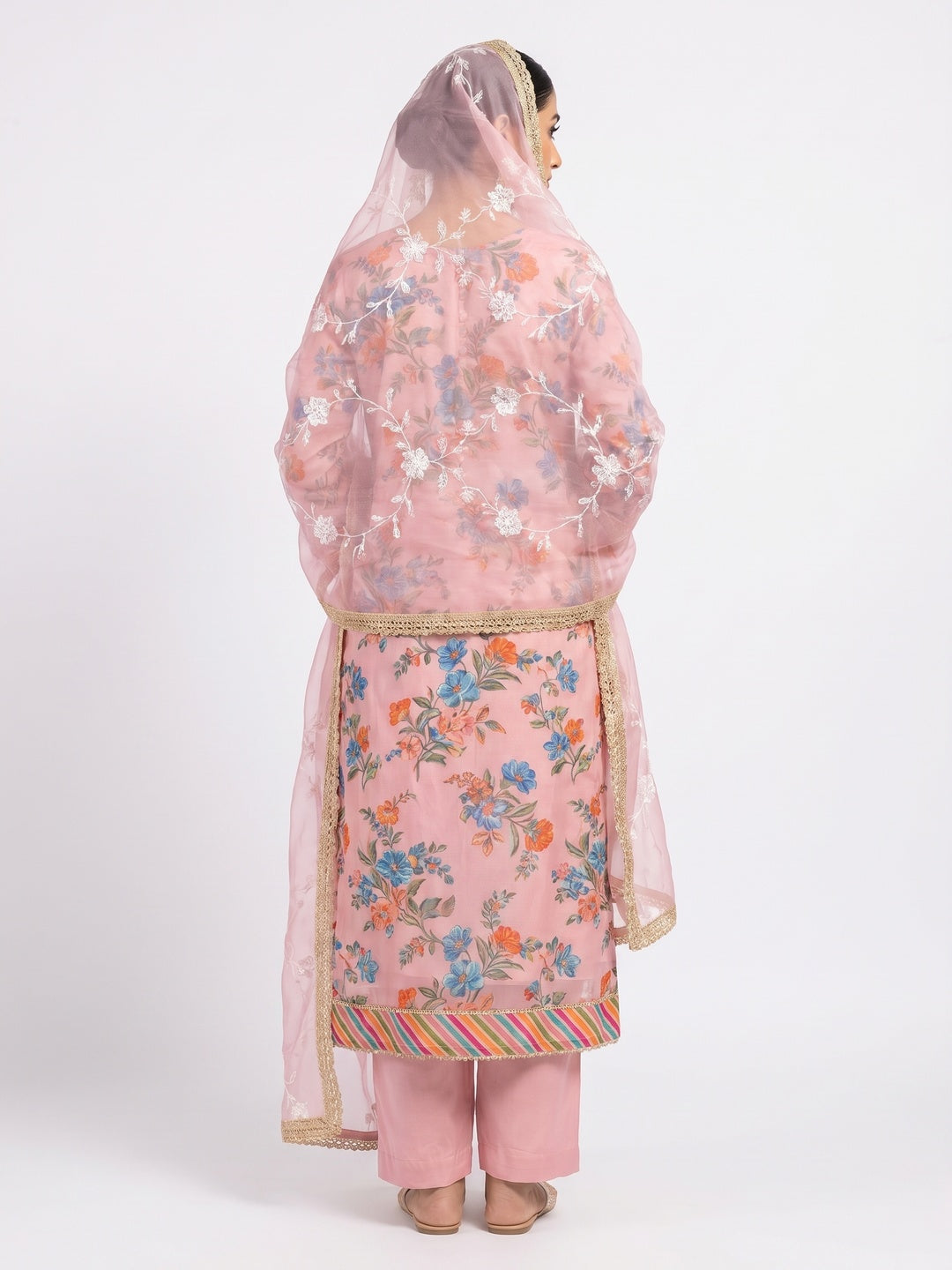 Pink Floral Printed Organza Dress Material - Image 3