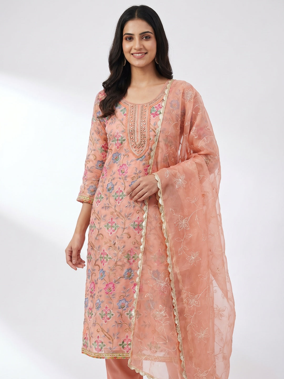 Peach Floral Printed Organza Dress Material - Image 1