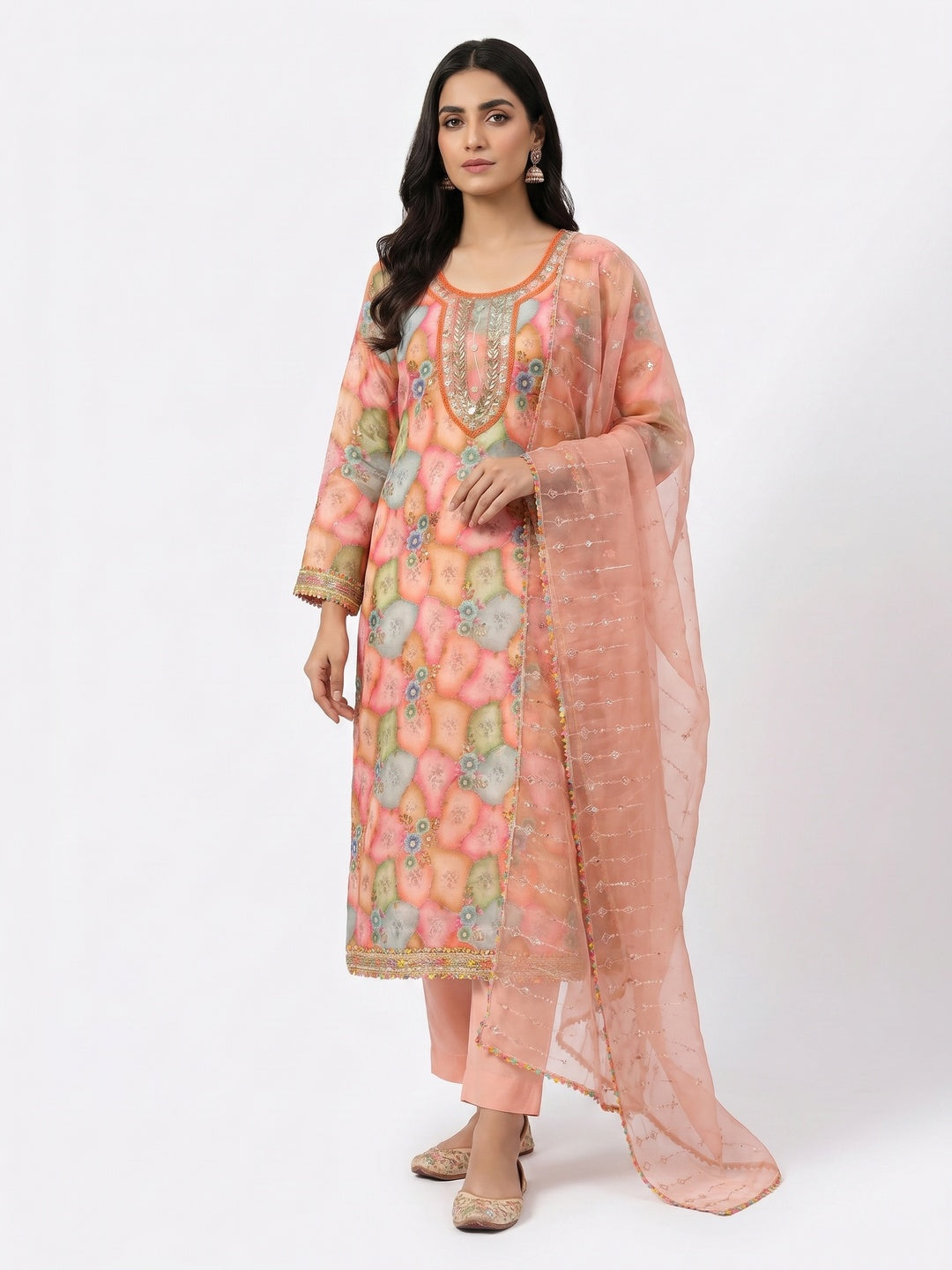 Peach Floral Printed Organza Dress Material - Image 1