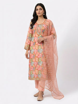 Peach Floral Printed Organza Dress Material - Image 1