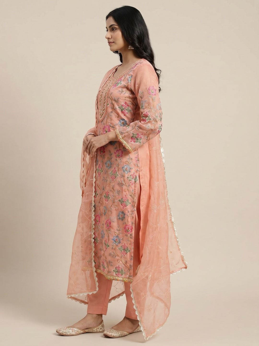 Peach Floral Printed Organza Dress Material - Image 2