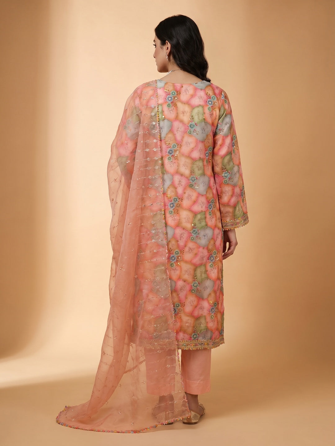 Peach Floral Printed Organza Dress Material - Image 3