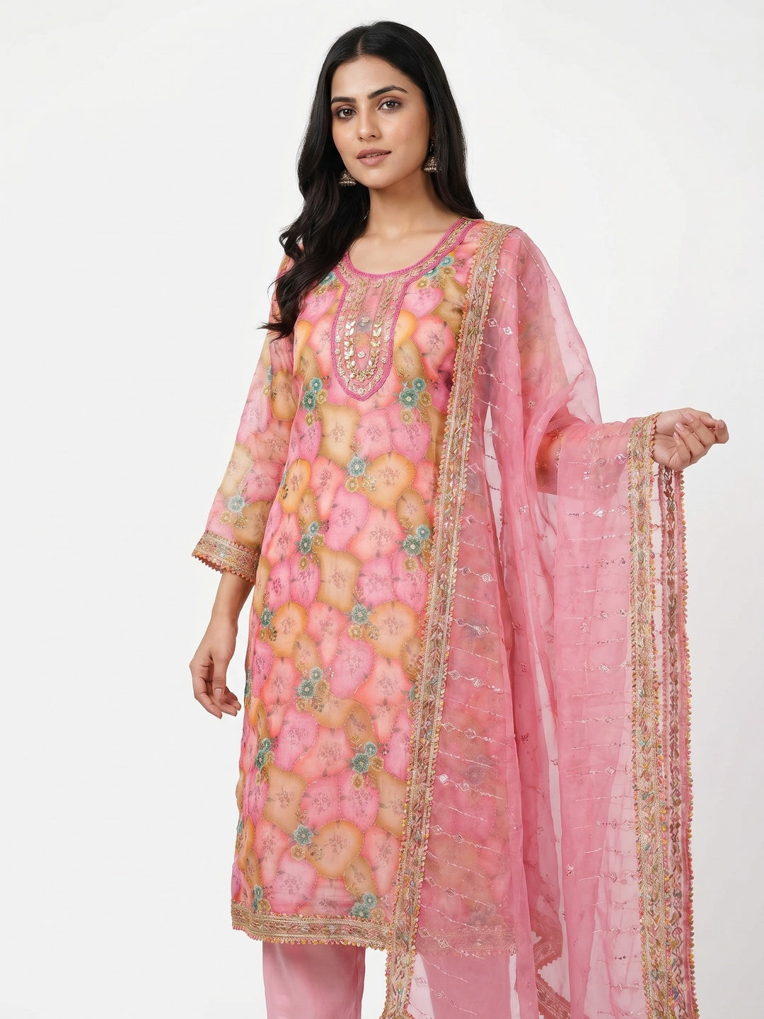 Pink Floral Printed Organza Dress Material - Image 1