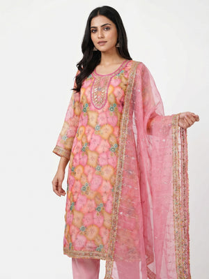 Pink Floral Printed Organza Dress Material - Image 1
